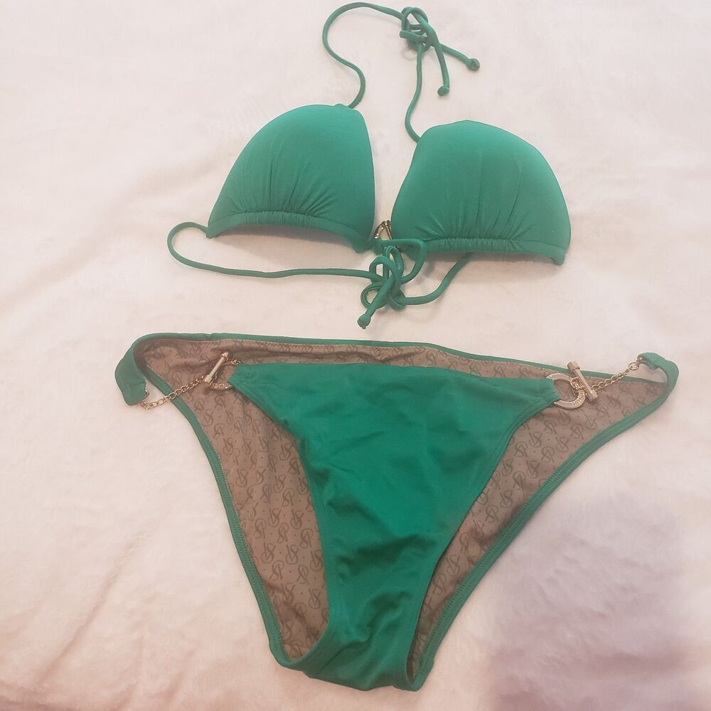 Victoria's Secret 2-piece Emerald green bikini Top & bottom w gold rings Med ZZZ